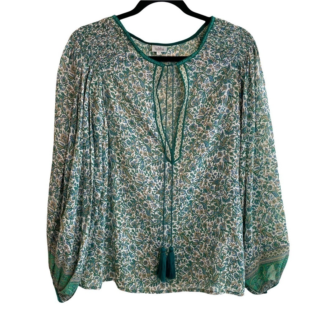 Talitha Floral Silk Tassle Balloon Sleeve Blouse Top S